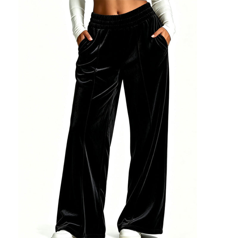 High Waist Velvet Wide Leg Pants Elastic Waist Black 1
