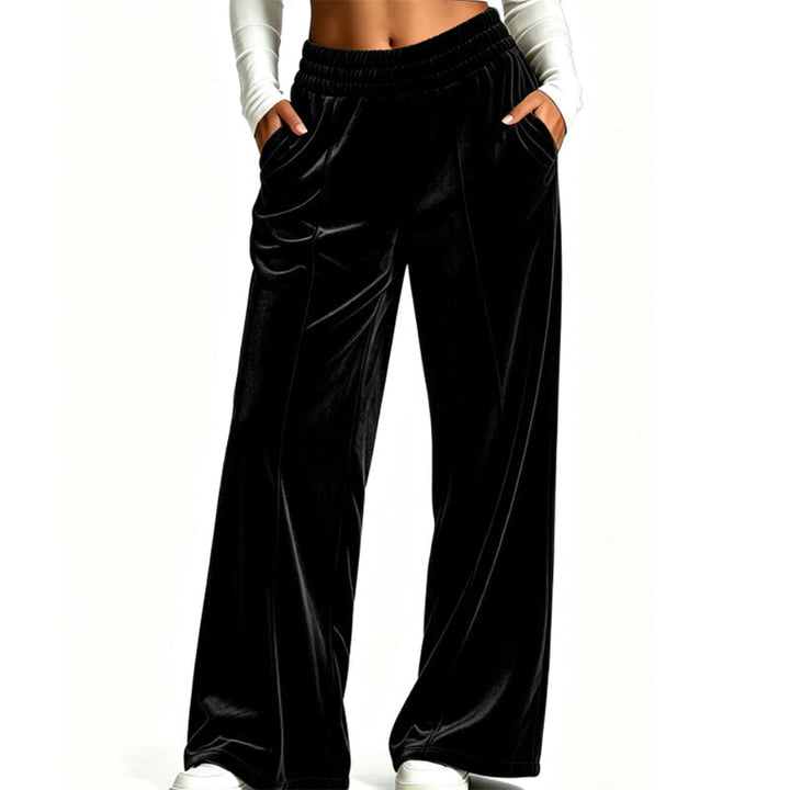 High Waist Velvet Wide Leg Pants Elastic Waist Black 1
