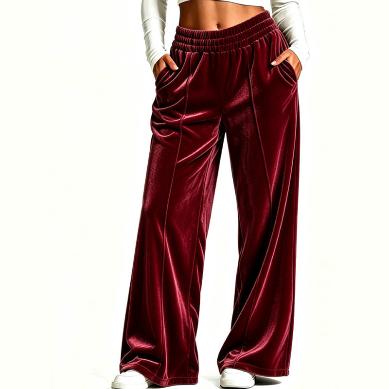 High Waist Velvet Wide Leg Pants Elastic Waist Burgundy 1