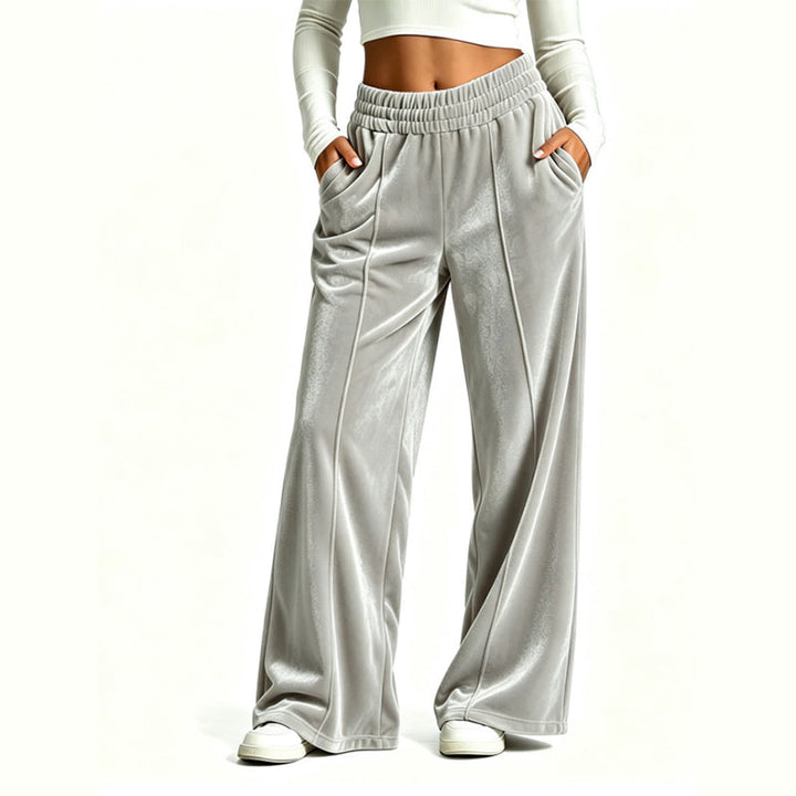 High Waist Velvet Wide Leg Pants Elastic Waist Light Gray 1