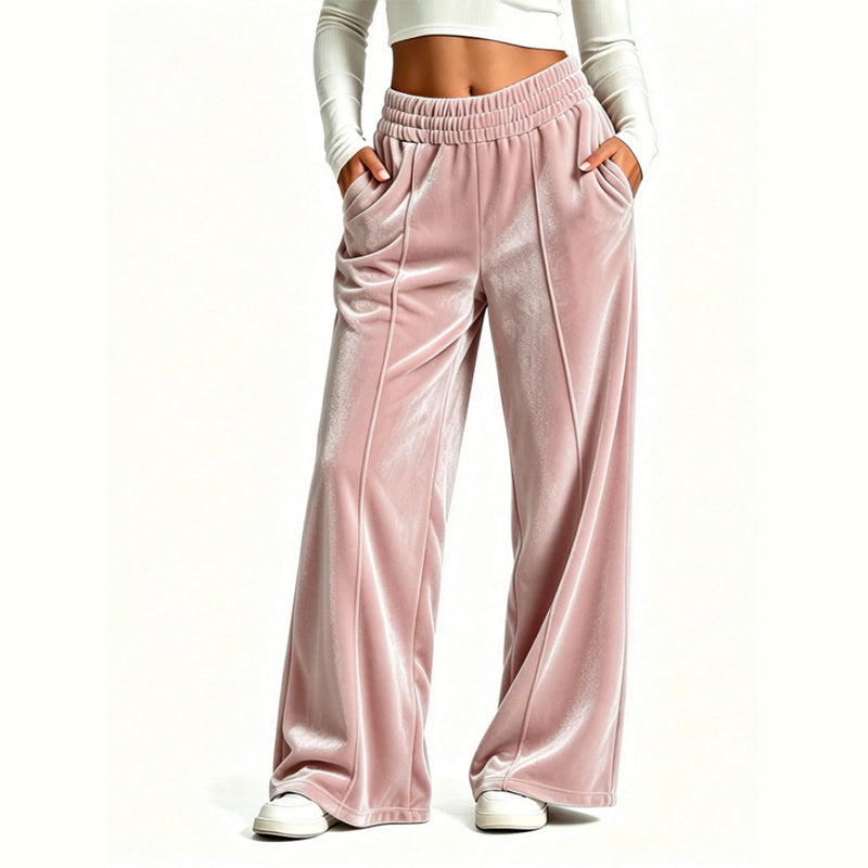 High Waist Velvet Wide Leg Pants Elastic Waist Pink 1