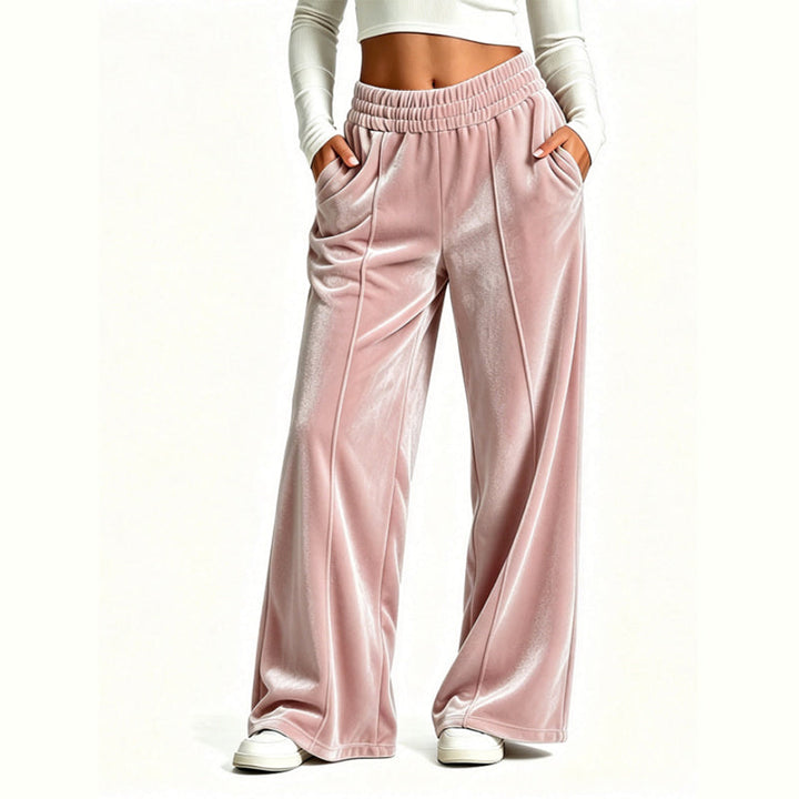 High Waist Velvet Wide Leg Pants Elastic Waist Pink 1