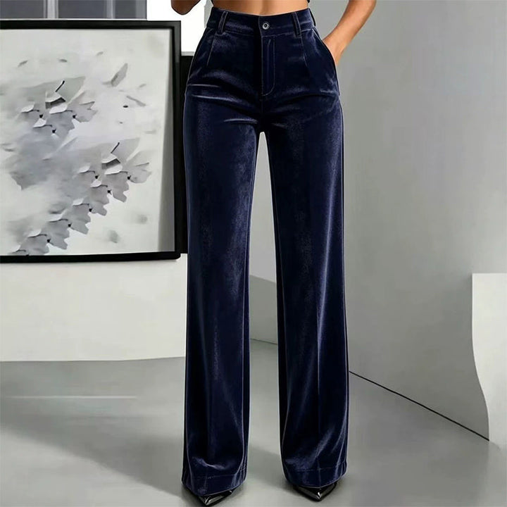 High Waist Velvet Wide Leg Pants Navy Blue 1
