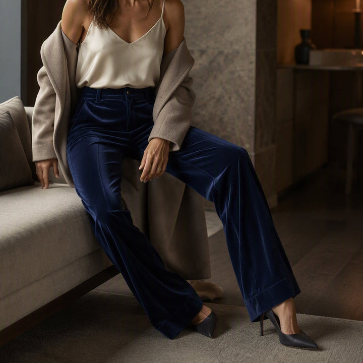 High Waist Velvet Wide Leg Pants Navy Blue 2