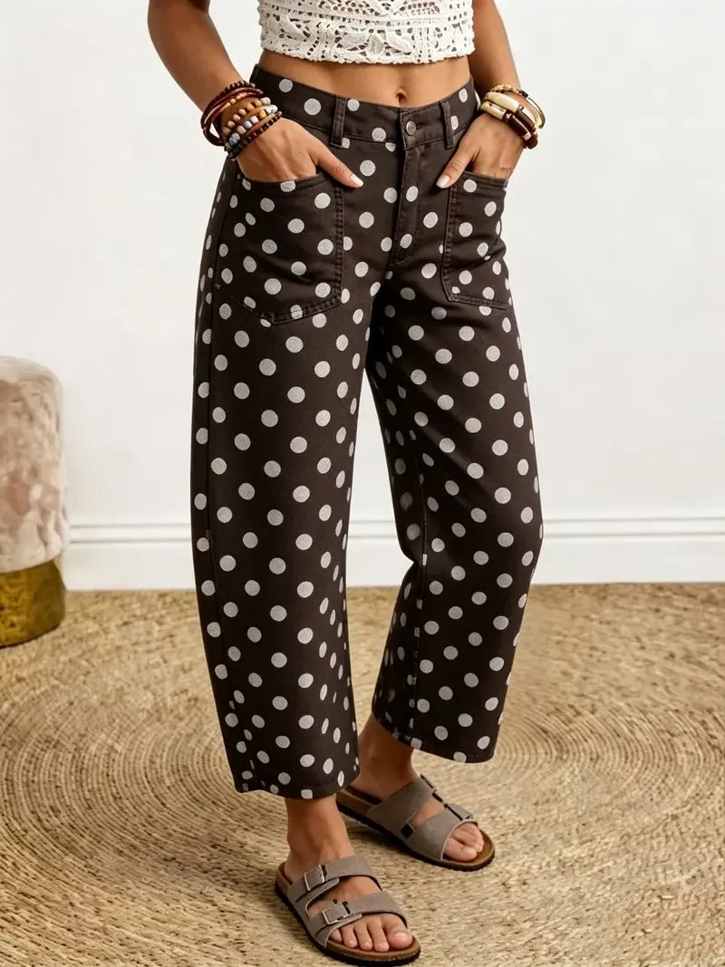 High Waist Wide Leg Cropped Jeans Barrel Cut Brown Polka Dot 1