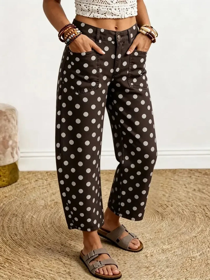 High Waist Wide Leg Cropped Jeans Barrel Cut Brown Polka Dot 1