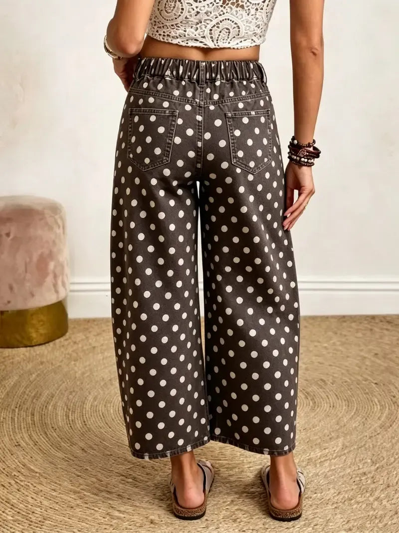 High Waist Wide Leg Cropped Jeans Barrel Cut Brown Polka Dot 2