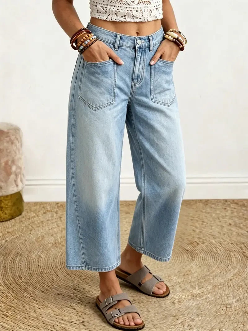 High Waist Wide Leg Cropped Jeans Barrel Cut Light Blue 1