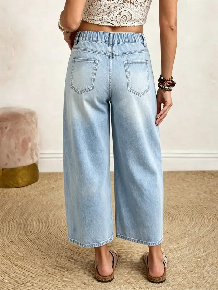 High Waist Wide Leg Cropped Jeans Barrel Cut Light Blue 2
