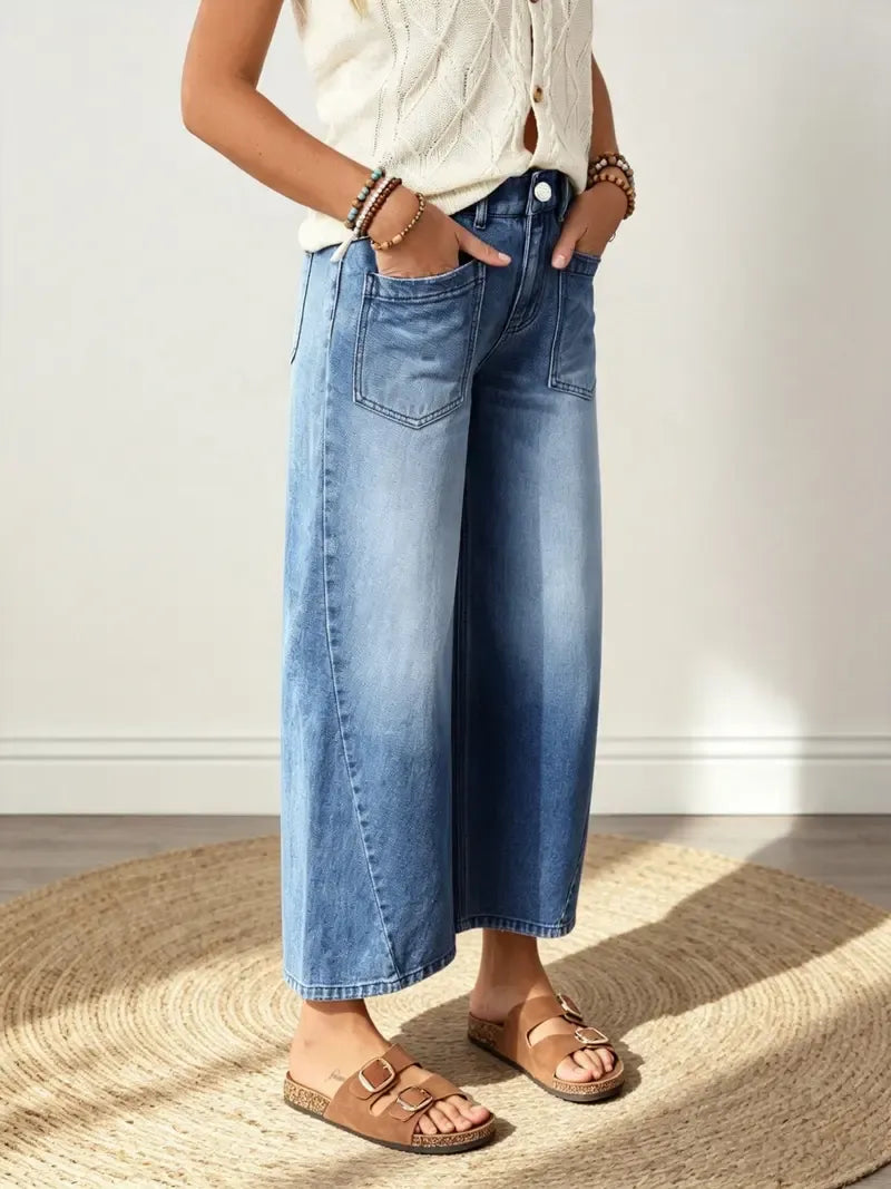 High Waist Wide Leg Cropped Jeans Barrel Cut Medium Blue 1