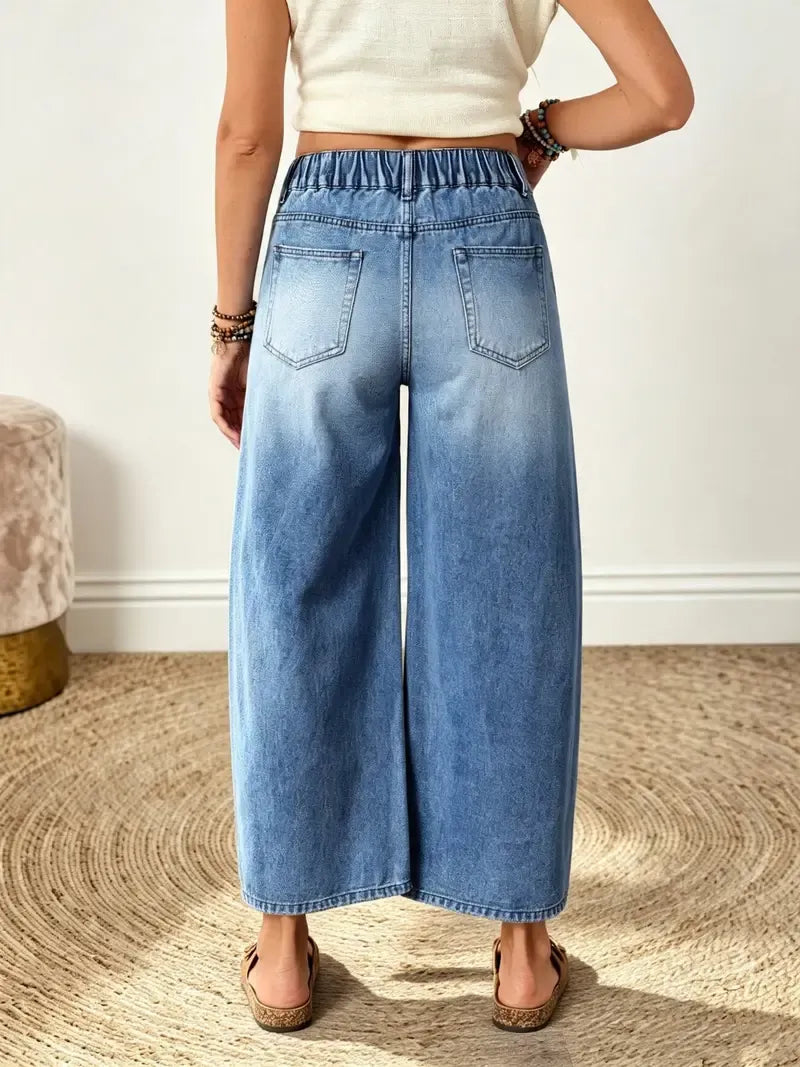 High Waist Wide Leg Cropped Jeans Barrel Cut Medium Blue 2