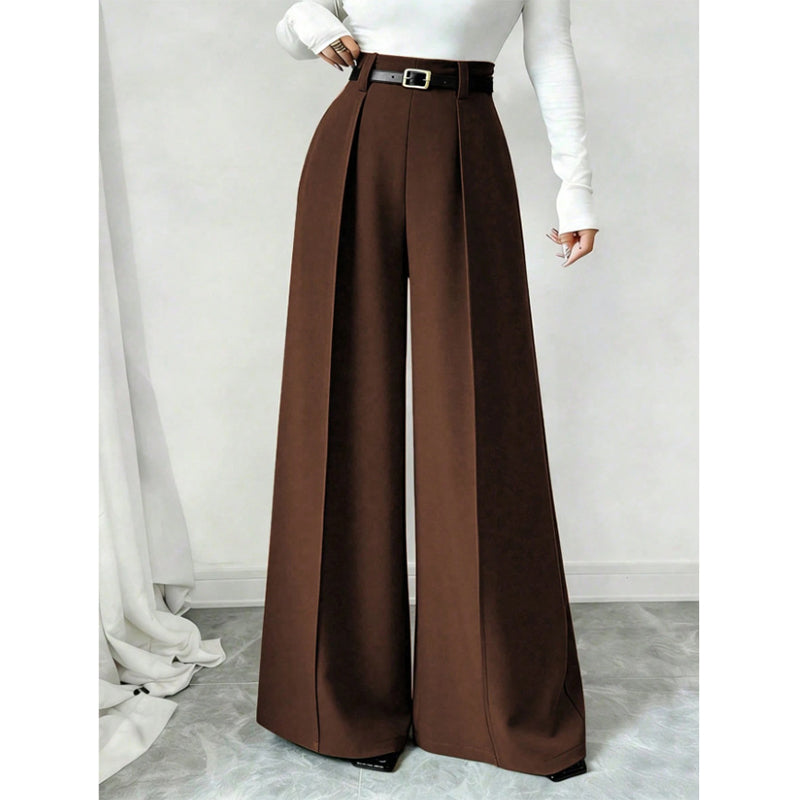 High Waist Wide Leg Pants Pleated Front Brown 1