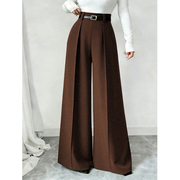 High Waist Wide Leg Pants Pleated Front Brown 1
