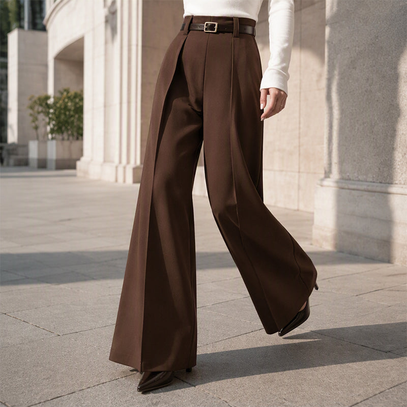 High Waist Wide Leg Pants Pleated Front Brown 2