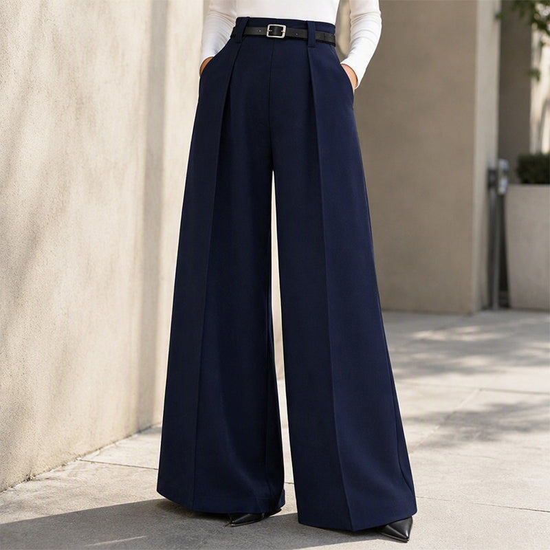 High Waist Wide Leg Pants Pleated Front Navy 2