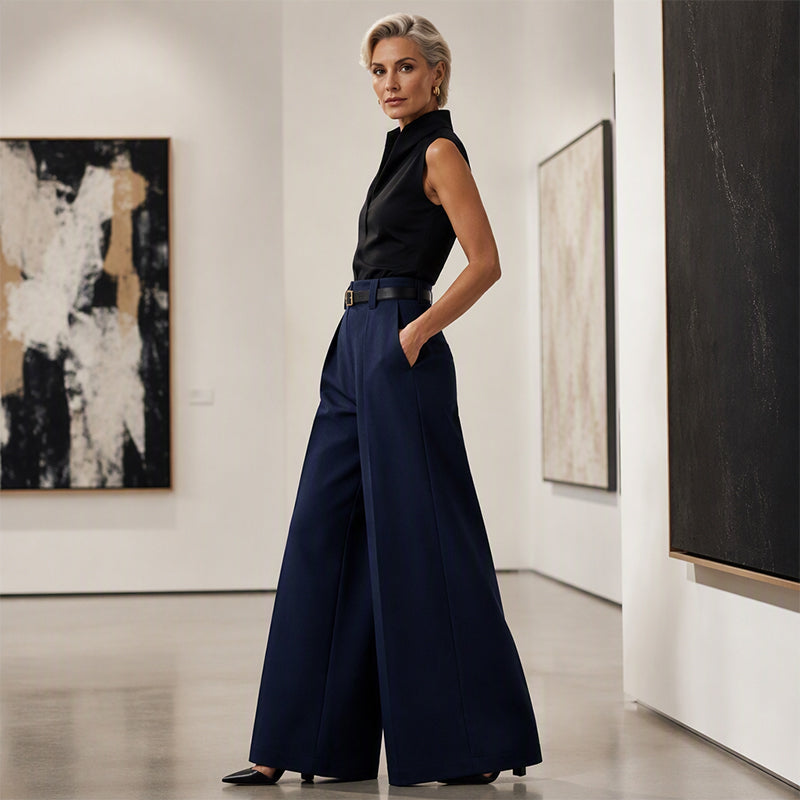 High Waist Wide Leg Pants Pleated Front Navy 3