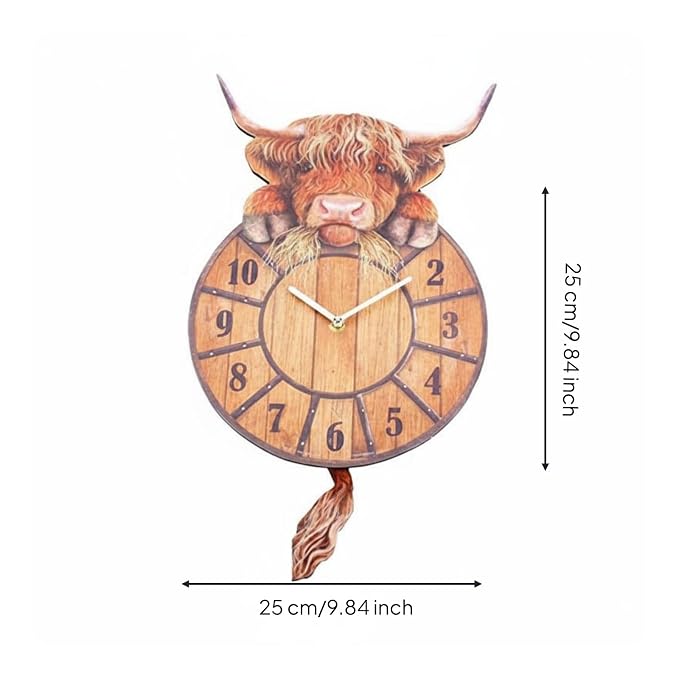 Highland Cow Wall Clock Swinging Tail 9.8 Inch MDF Set of 2 1