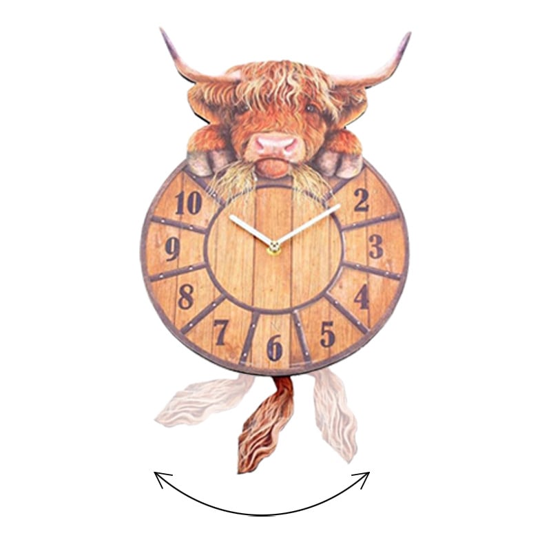 Highland Cow Wall Clock Swinging Tail 9.8 Inch MDF Set of 2 2