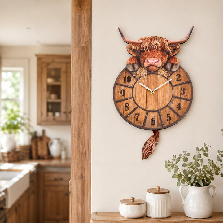 Highland Cow Wall Clock Swinging Tail 9.8 Inch MDF Set of 2 3