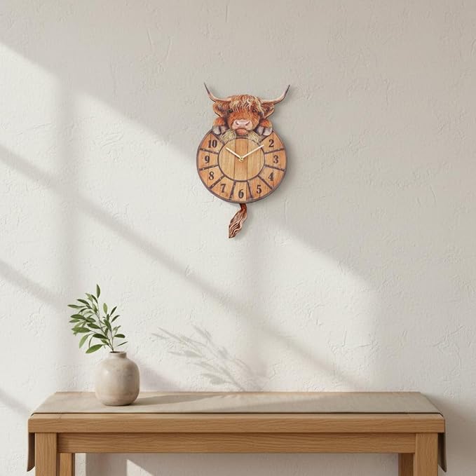 Highland Cow Wall Clock Swinging Tail 9.8 Inch MDF Set of 2 4