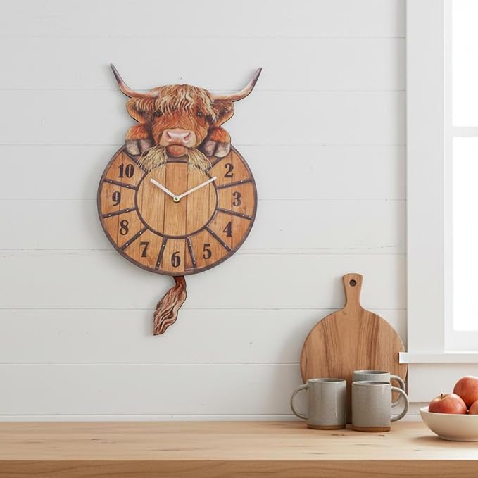 Highland Cow Wall Clock Swinging Tail 9.8 Inch MDF Set of 2 5