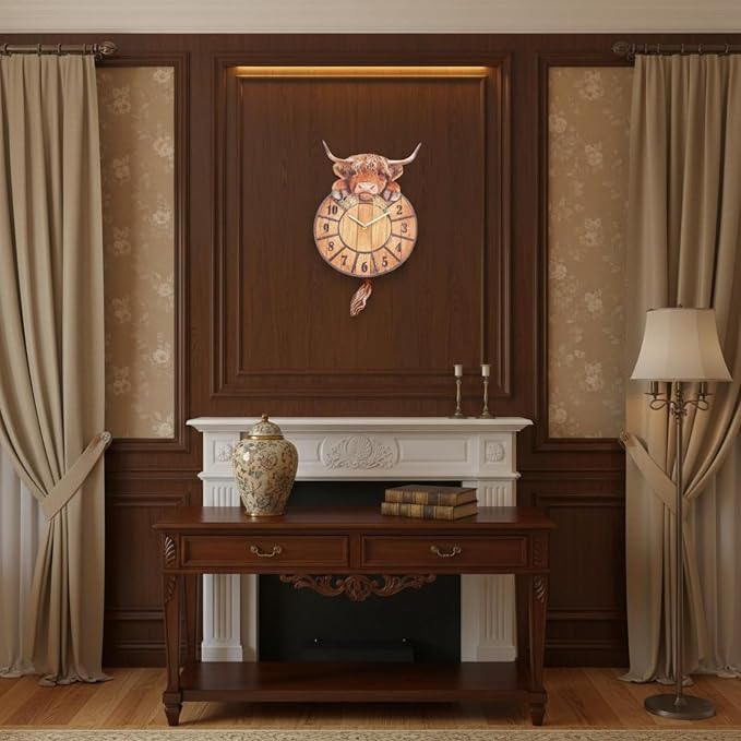 Highland Cow Wall Clock Swinging Tail 9.8 Inch MDF Set of 2 6