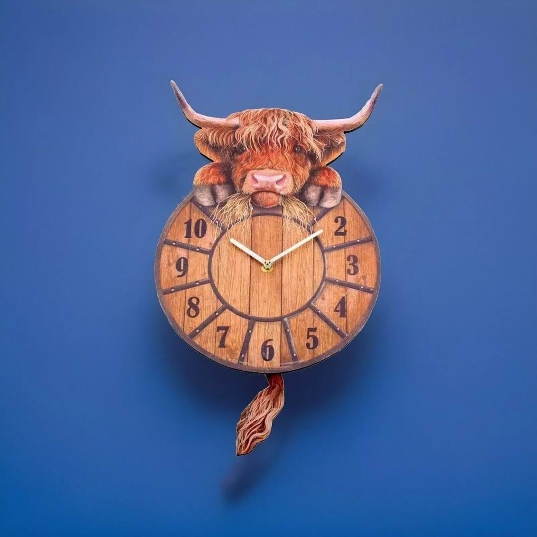 Highland Cow Wall Clock Swinging Tail 9.8 Inch MDF Set of 2 7