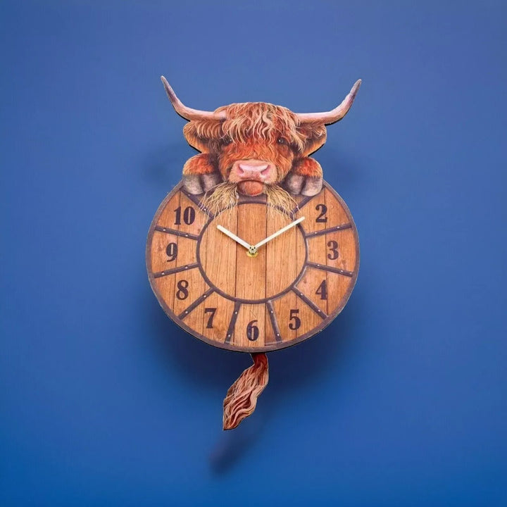 Highland Cow Wall Clock Swinging Tail 9.8 Inch MDF Set of 2 7
