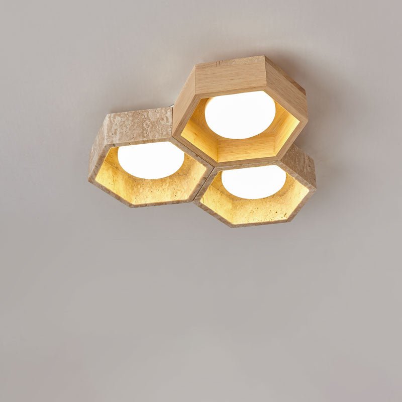 Honeycomb Travertine Flush Ceiling Light 3 Cell 11.8 in Set of 3 Natural Wood & Travertine 1