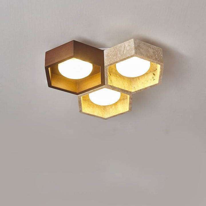 Honeycomb Travertine Flush Ceiling Light 3 Cell 11.8 in Set of 3 Walnut & Travertine 1