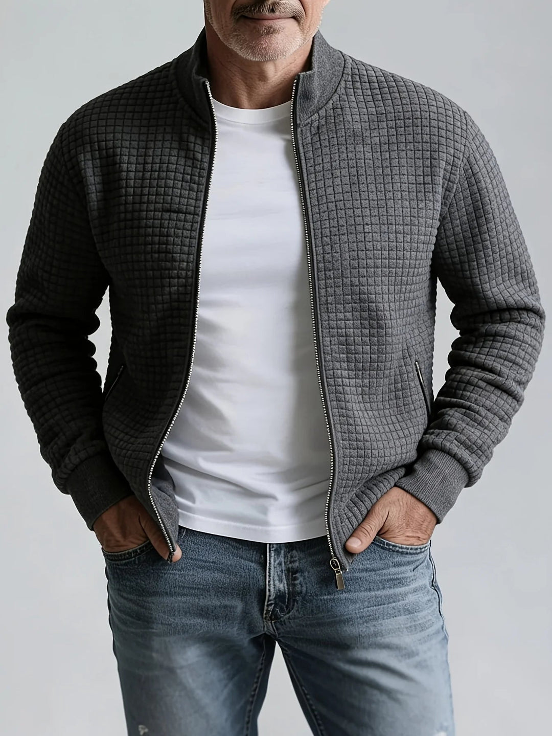 Jacquard Texture Stand Collar Zip Jacket Gray 1