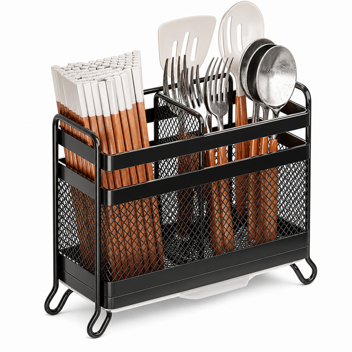 Kitchen Utensil Holder Wall Mount or Countertop with Drip Tray Black 1