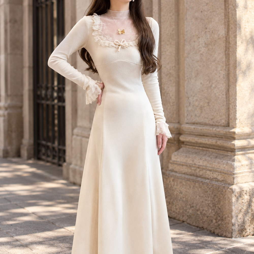 Lace Trim A Line Maxi Dress Sheer Yoke Ivory 1