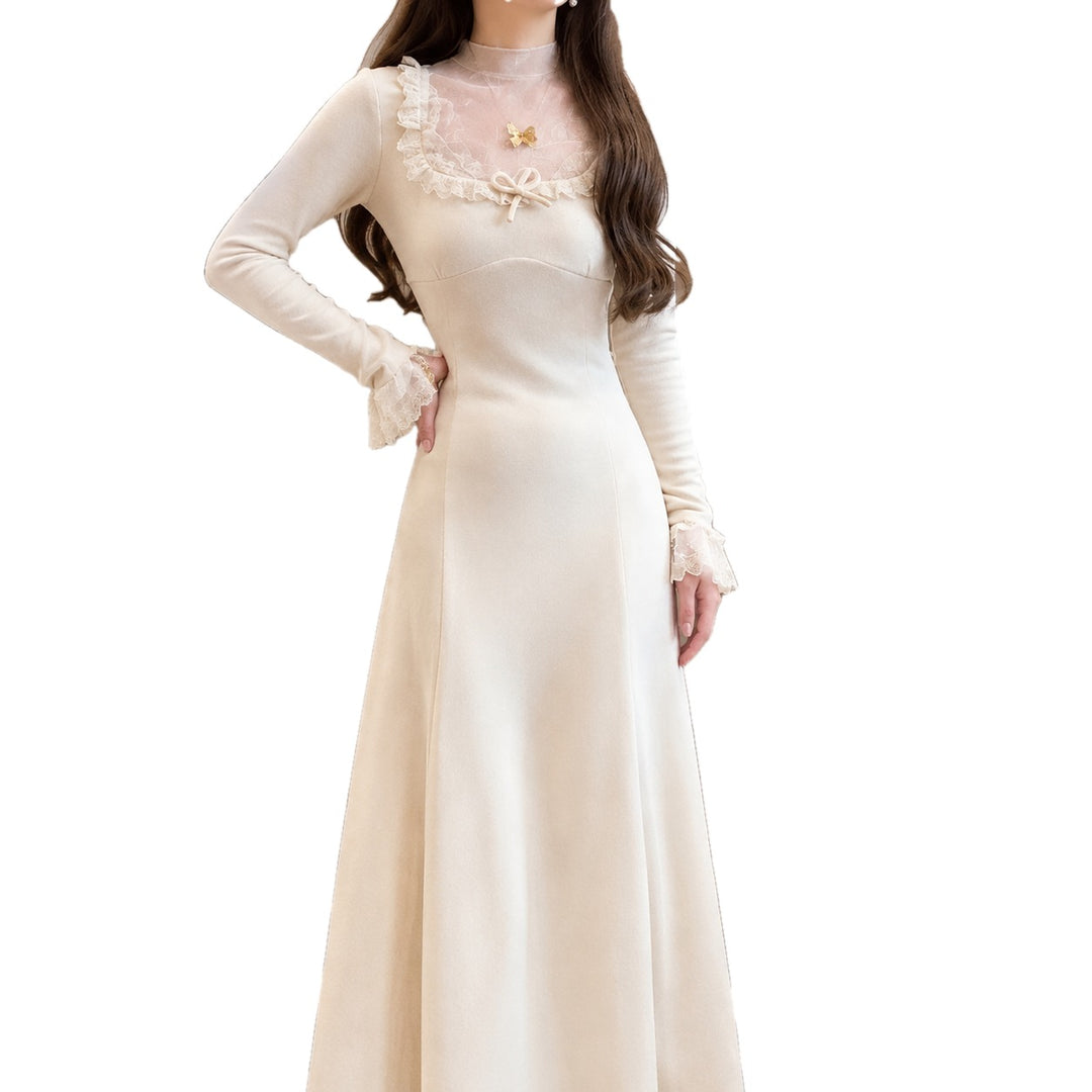 Lace Trim A Line Maxi Dress Sheer Yoke on white