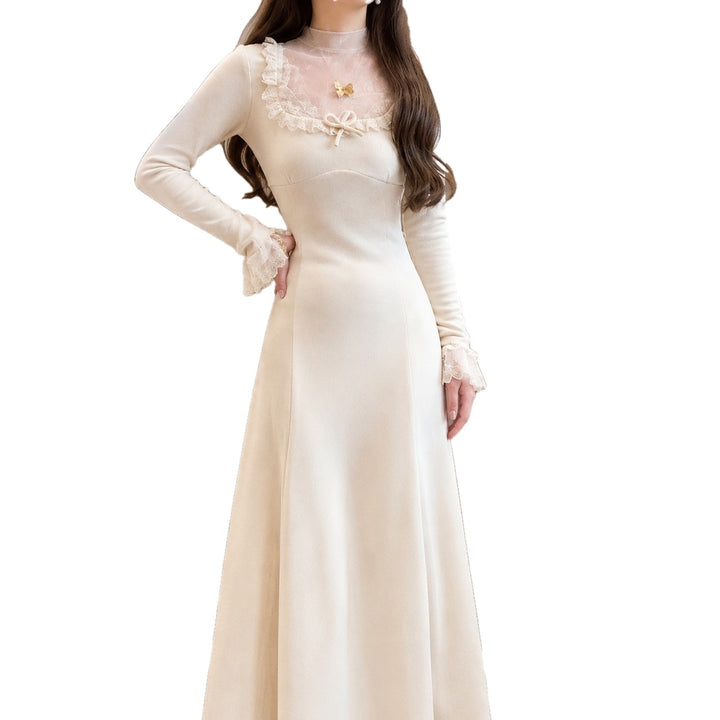 Lace Trim A Line Maxi Dress Sheer Yoke on white