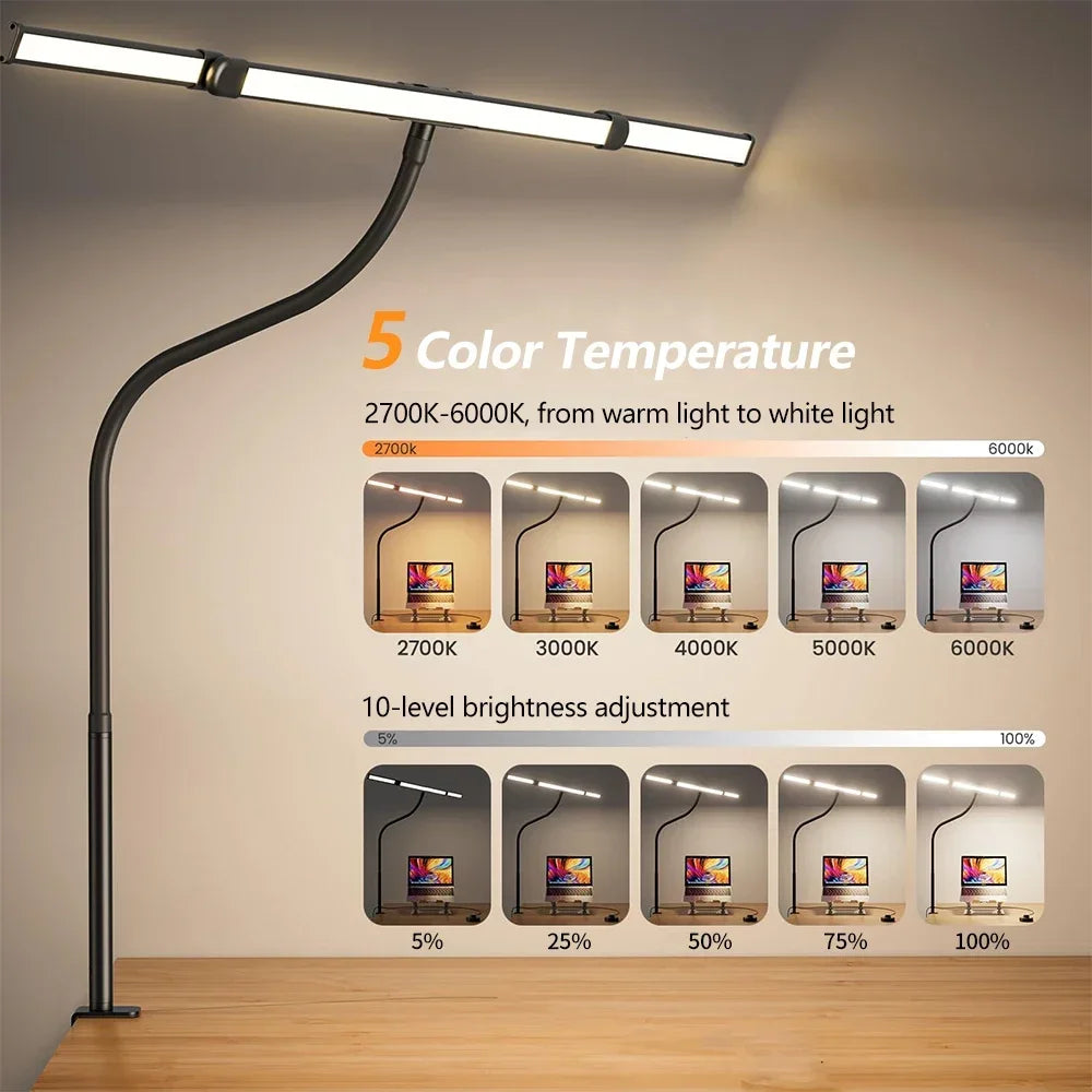 LED Desk Lamp with Clamp Gooseneck Arm and Wide Light Bar USB 3