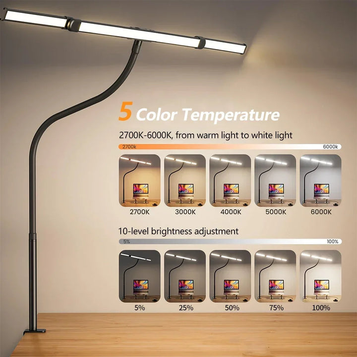 LED Desk Lamp with Clamp Gooseneck Arm and Wide Light Bar USB 3