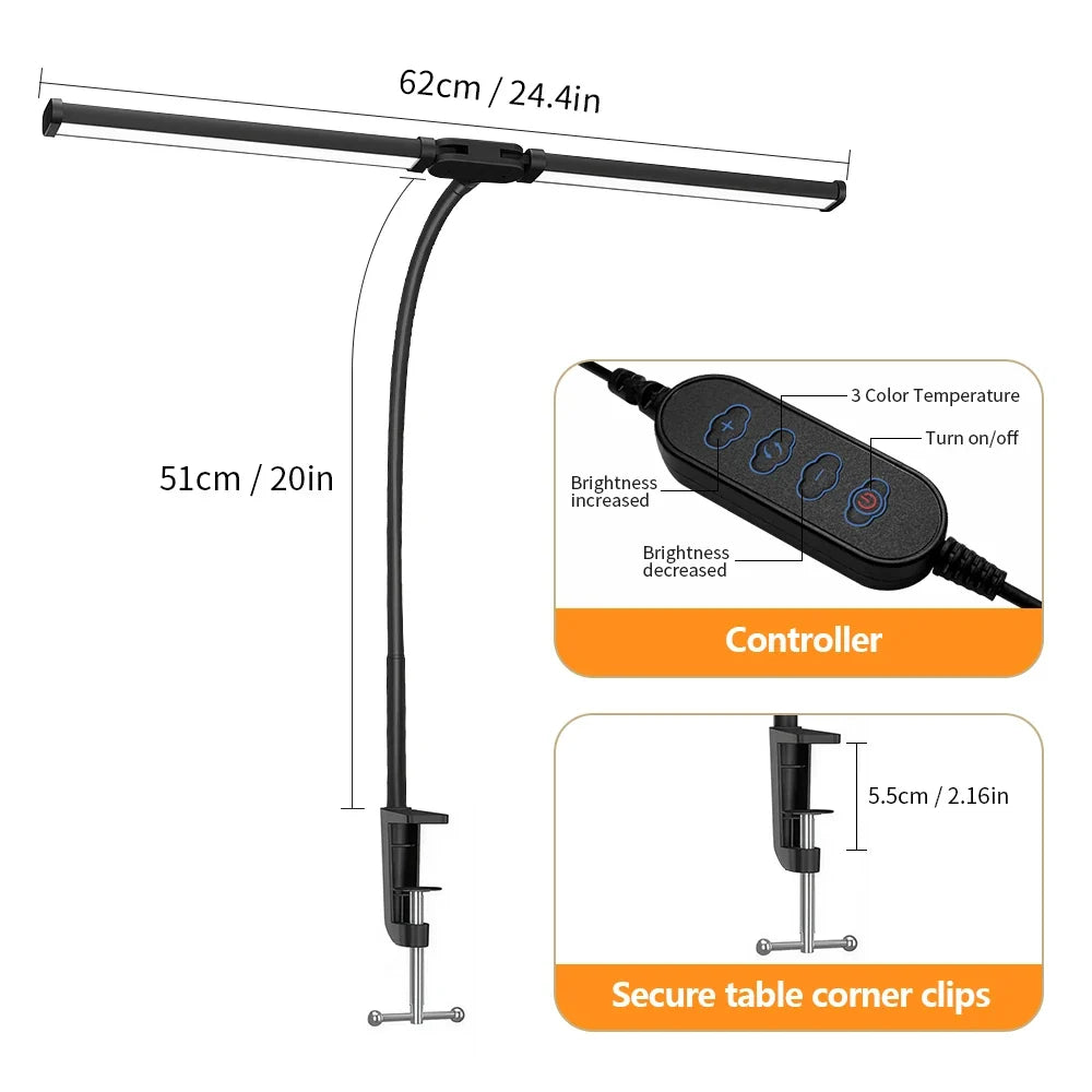 LED Desk Lamp with Clamp Gooseneck Arm and Wide Light Bar USB Double Head USB 1