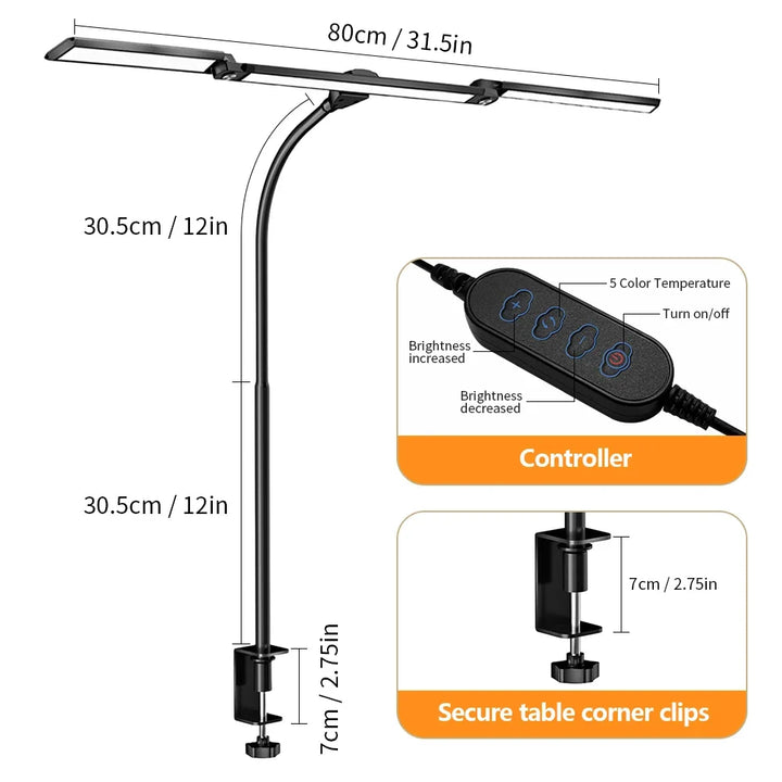 LED Desk Lamp with Clamp Gooseneck Arm and Wide Light Bar USB Triple Head USB 1