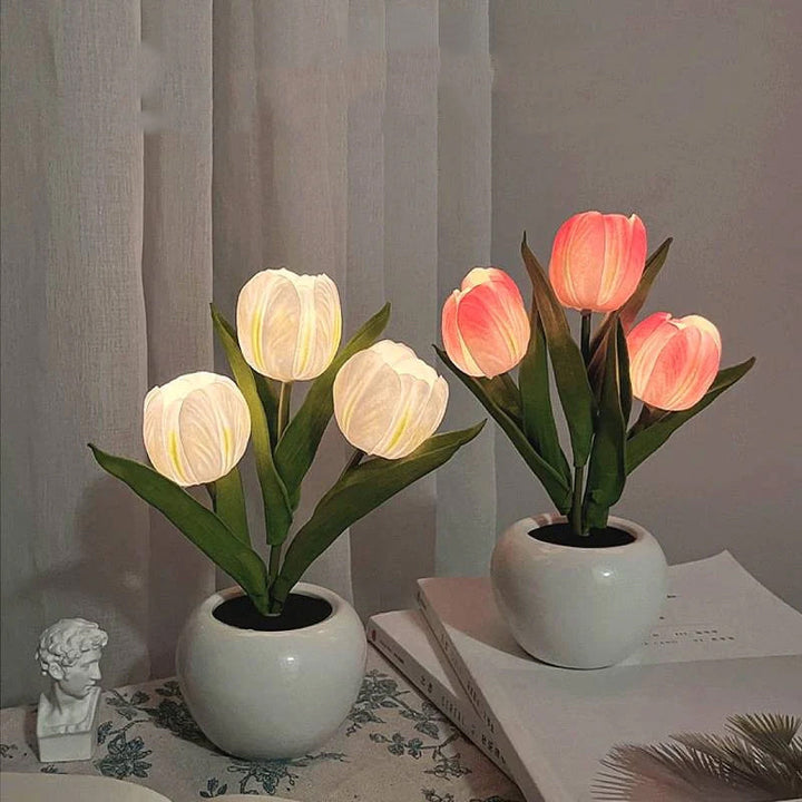LED Tulip Night Light 3 Flowers Ceramic Pot 8.7 Inch Set of 3 1