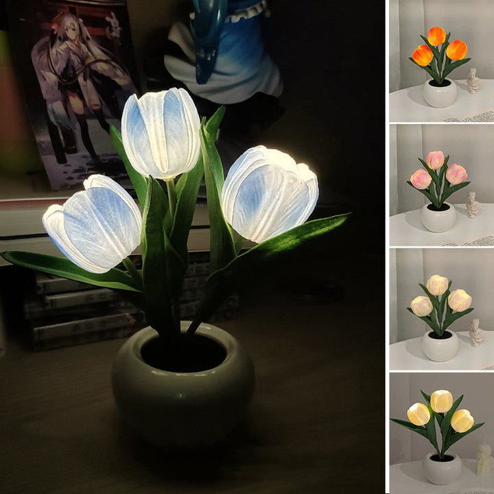 LED Tulip Night Light 3 Flowers Ceramic Pot 8.7 Inch Set of 3 2