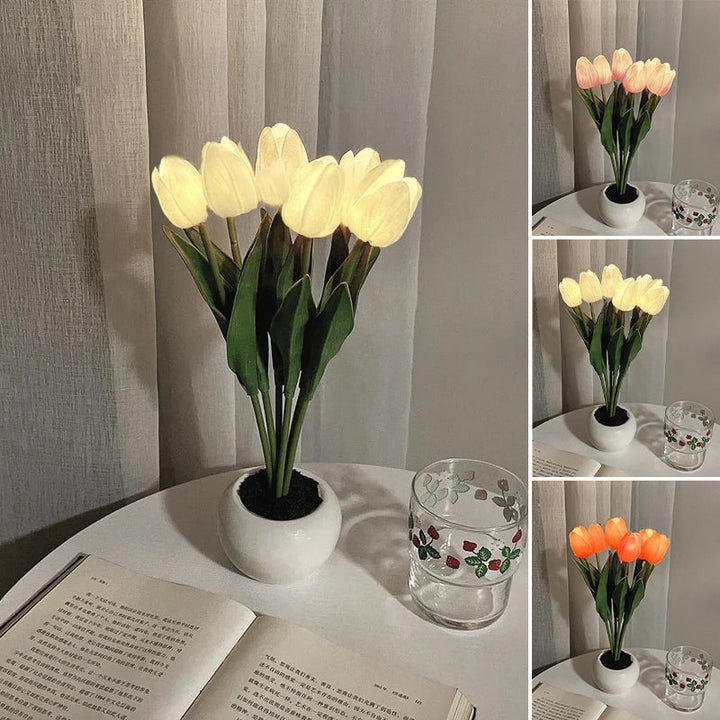 LED Tulip Night Light 3 Flowers Ceramic Pot 8.7 Inch Set of 3 3