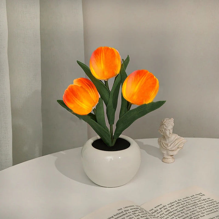 LED Tulip Night Light 3 Flowers Ceramic Pot 8.7 Inch Set of 3 Bright Orange 1