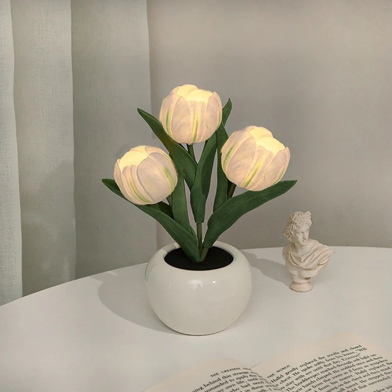 LED Tulip Night Light 3 Flowers Ceramic Pot 8.7 Inch Set of 3 Cream White 1