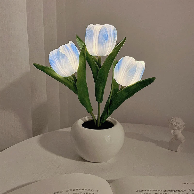 LED Tulip Night Light 3 Flowers Ceramic Pot 8.7 Inch Set of 3 Gradient Blue 1