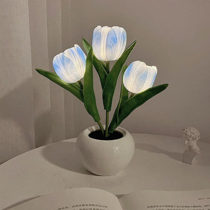 LED Tulip Night Light 3 Flowers Ceramic Pot 8.7 Inch Set of 3 Gradient Blue 1