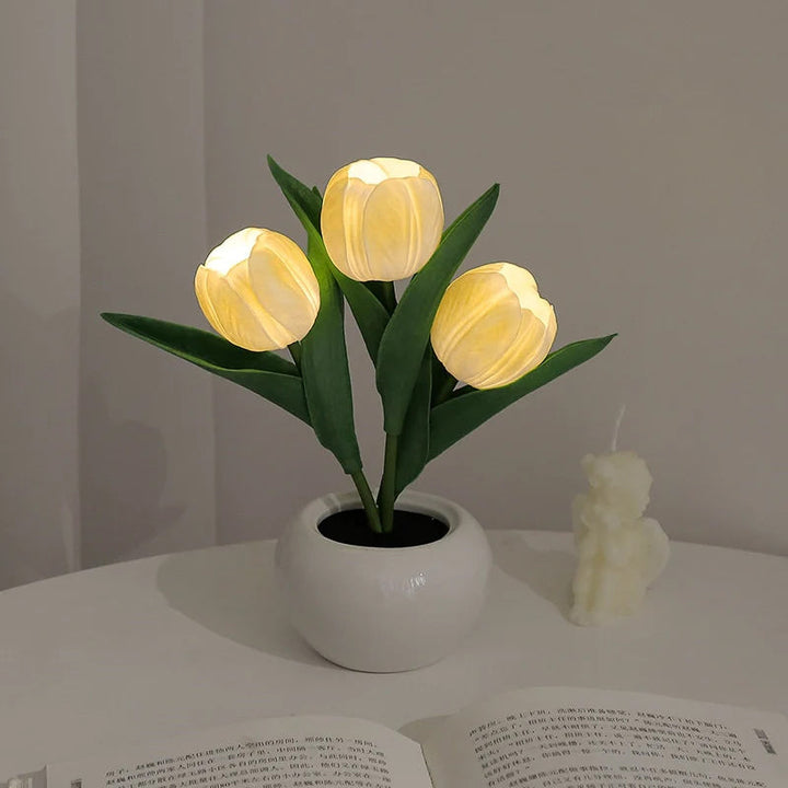 LED Tulip Night Light 3 Flowers Ceramic Pot 8.7 Inch Set of 3 Lemon Yellow 1