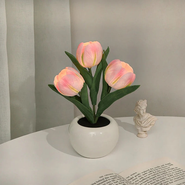 LED Tulip Night Light 3 Flowers Ceramic Pot 8.7 Inch Set of 3 Peach 1