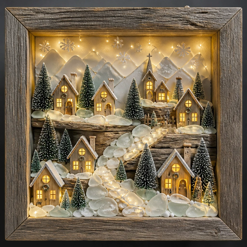 Lighted Shadow Box Coastal Scene 8.5 x 8.5 Inch Christmas Village 1