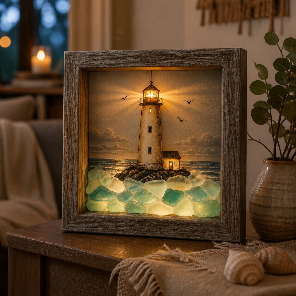 Lighted Shadow Box Coastal Scene 8.5 x 8.5 Inch Lighthouse 1 1